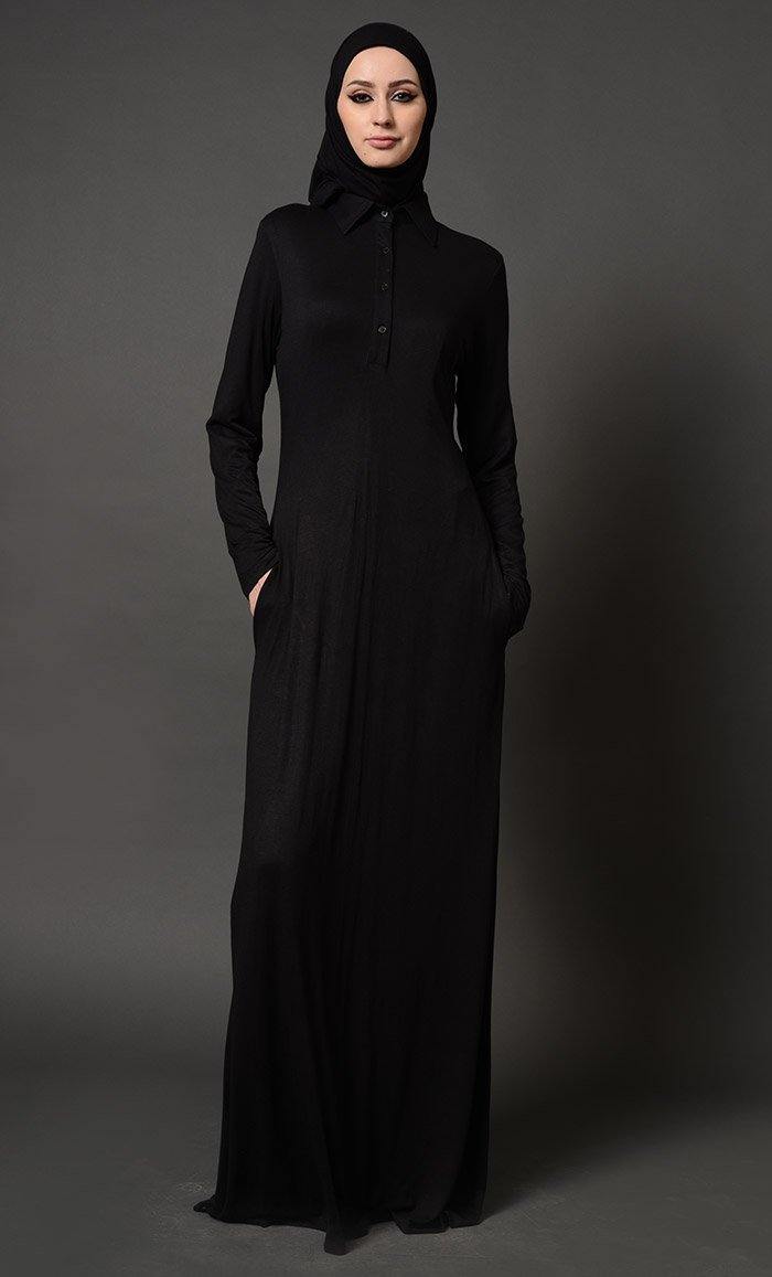 Collared Everyday Wear Basic Abaya Dress Collared Everyday Wear Basic Abaya Dress